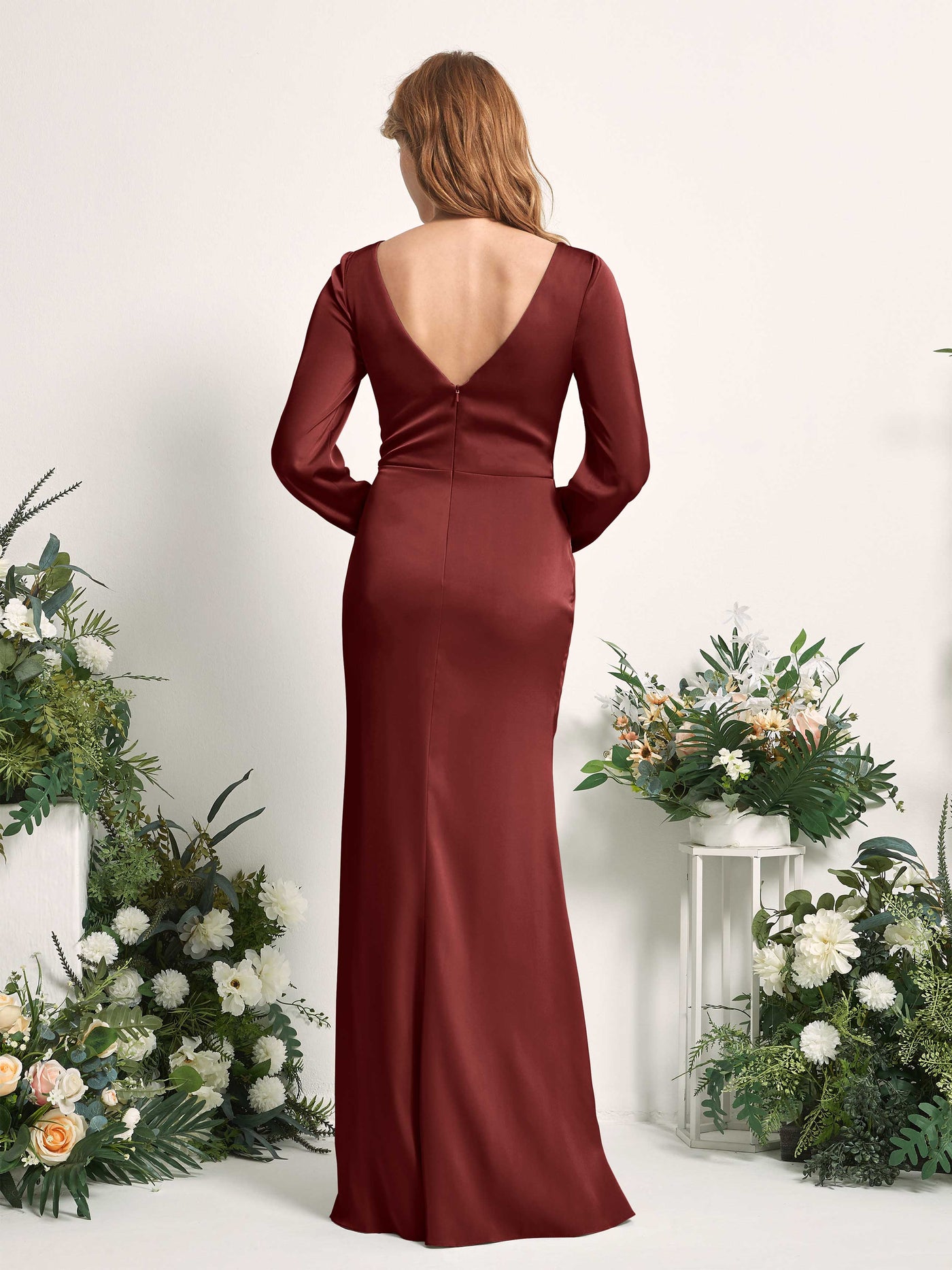 Burgundy Bridesmaid Dresses Bridesmaid Dress Ball Gown Satin V-neck Full Length Long Sleeves Wedding Party Dress (80225168)#color_burgundy