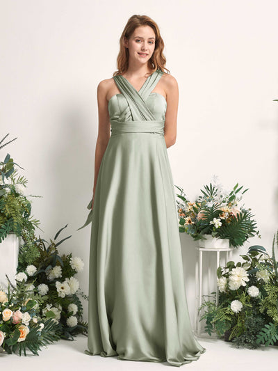 Carlyna Mirabelle Convertible Sage Green Satin Bridesmaid Dress Maxi Sleeveless Sweetheart Dress Front View #color_sage-green