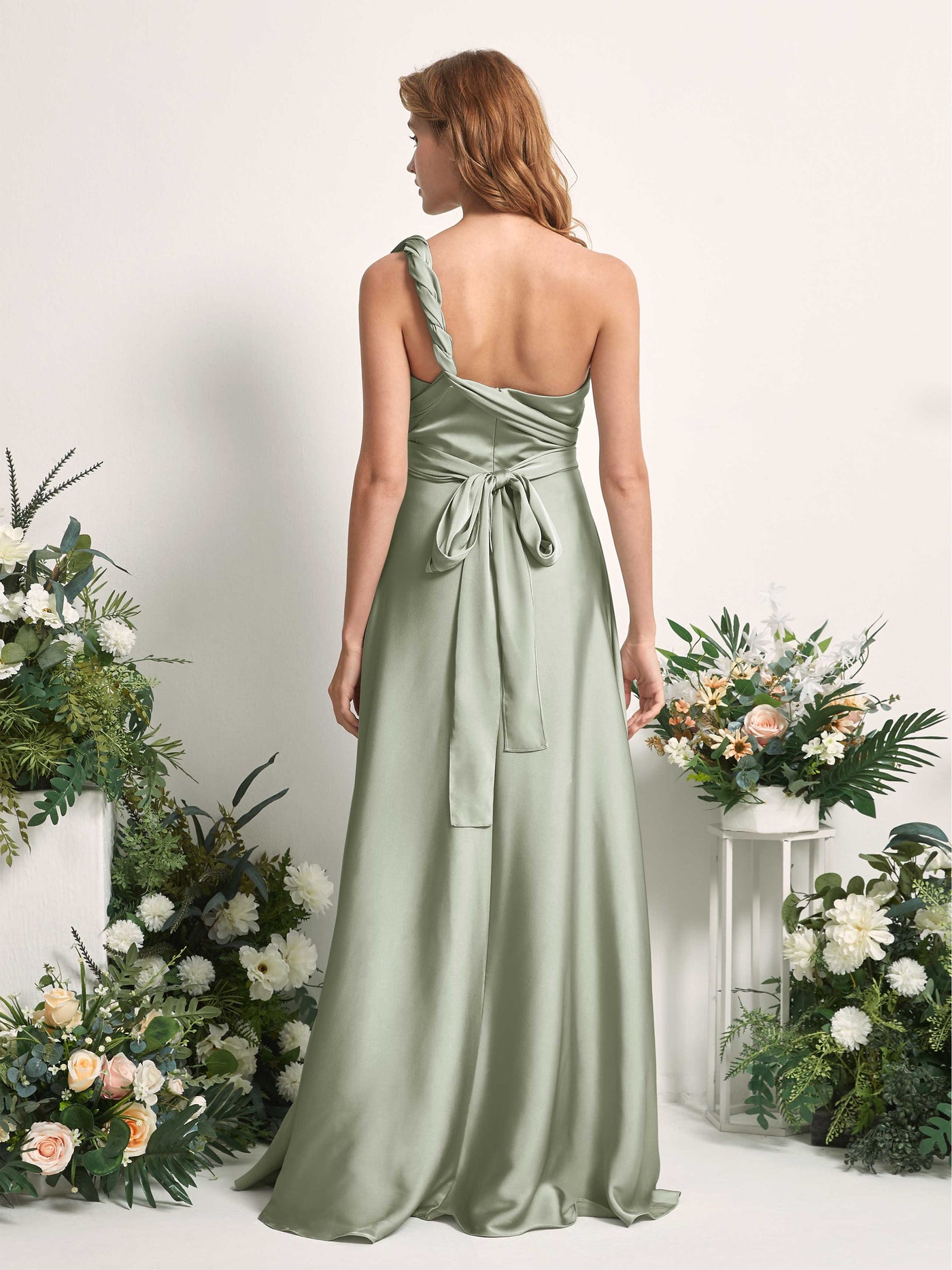 Sage Green Bridesmaid Dresses Bridesmaid Dress A-line Satin Halter Full Length Short Sleeves Wedding Party Dress (81226412)#color_sage-green