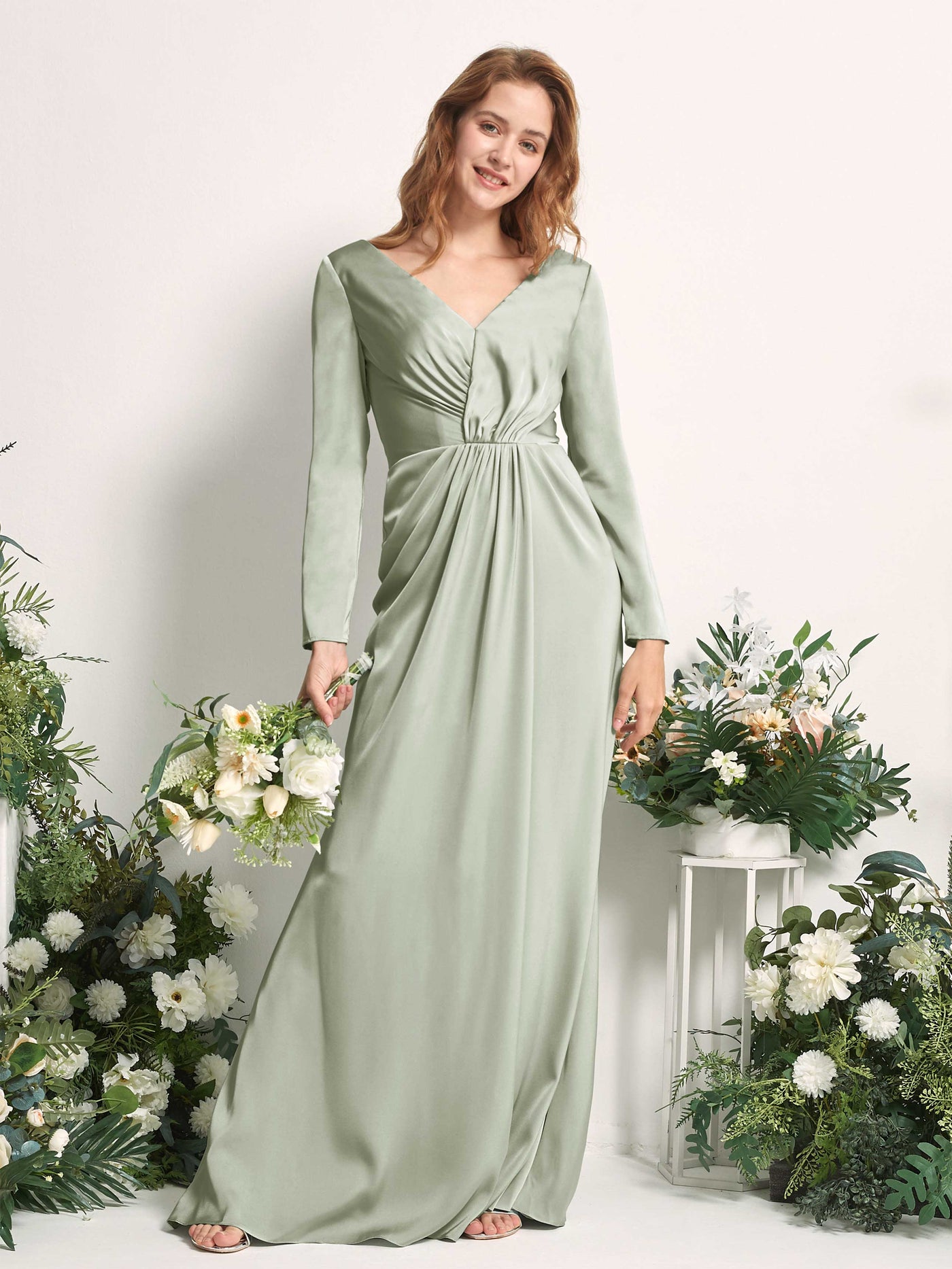 Sage Green Bridesmaid Dresses Bridesmaid Dress A-line Satin V-neck Full Length Long Sleeves Wedding Party Dress (80225812)#color_sage-green