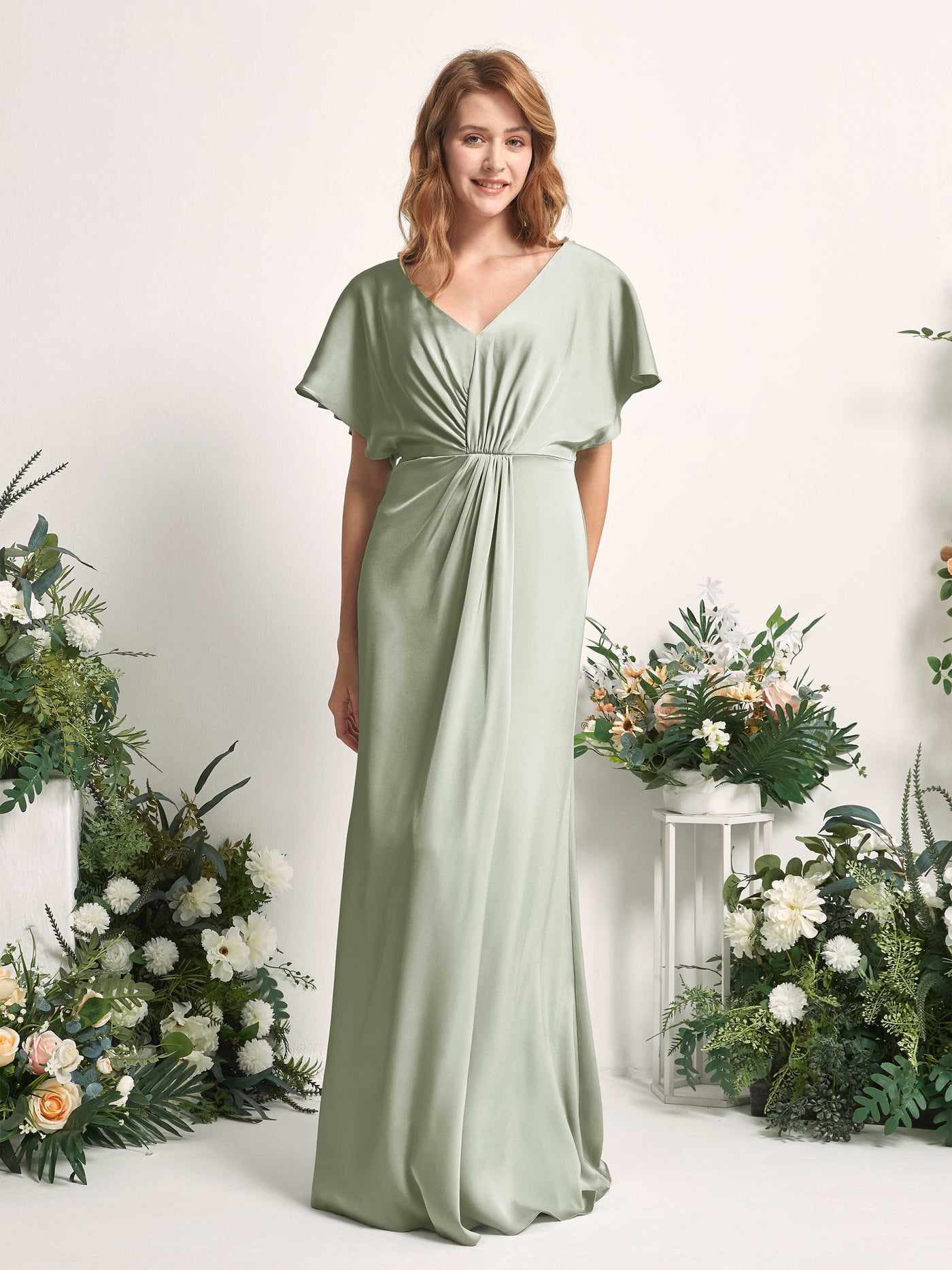 Sage Green Bridesmaid Dresses Bridesmaid Dress A-line Satin V-neck Full Length Short Sleeves Wedding Party Dress (80225512)#color_sage-green