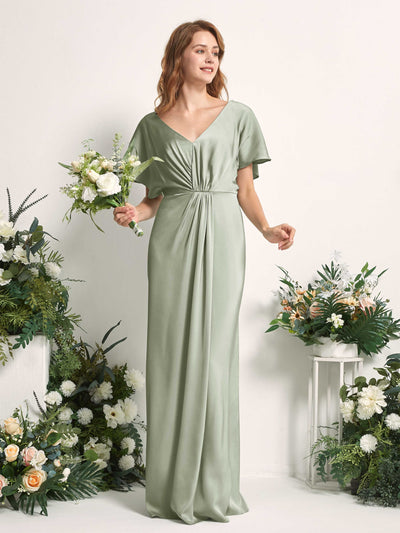 Carlyna Bailey A-Line Sage Green Satin Bridesmaid Dress Maxi Cap Sleeve V-Neck Dress Side View 2 #color_sage-green