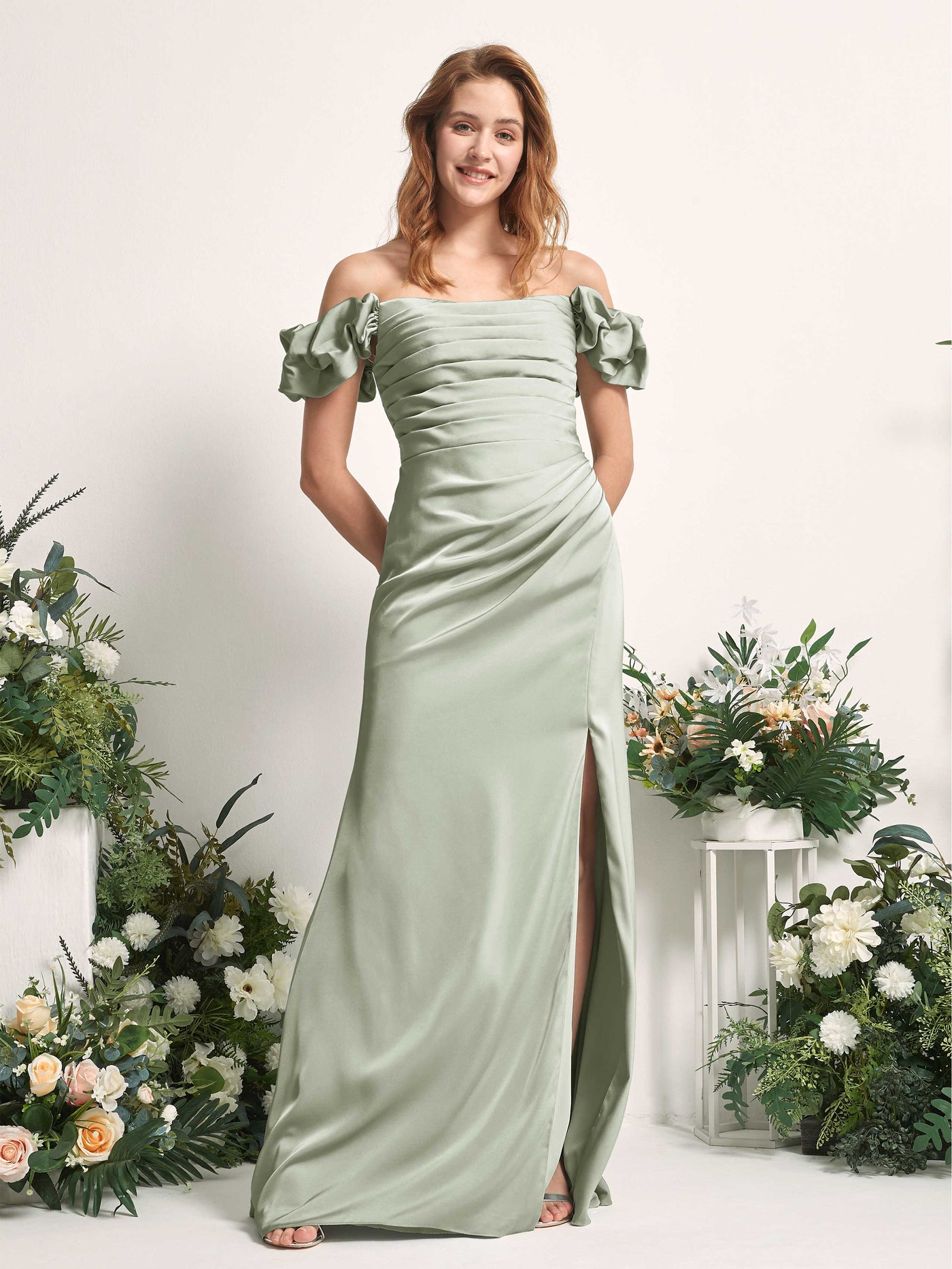 Sage Green Bridesmaid Dresses Bridesmaid Dress A-line Satin Off Shoulder Full Length Short Sleeves Wedding Party Dress (80226412)#color_sage-green