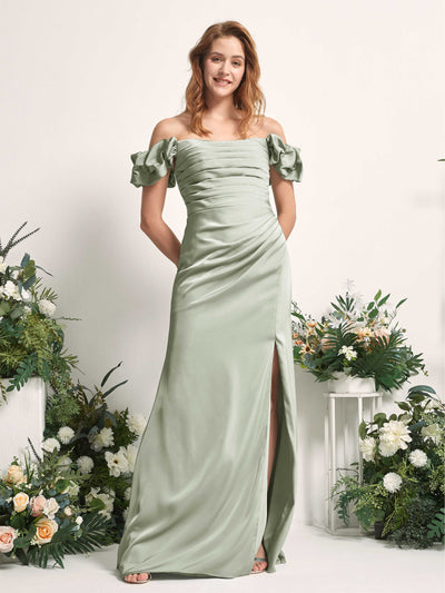 Carlyna Bianca Sheath Sage Green Satin Bridesmaid Dress Maxi Sleeveless Cowl Neck Dress Front View #color_sage-green