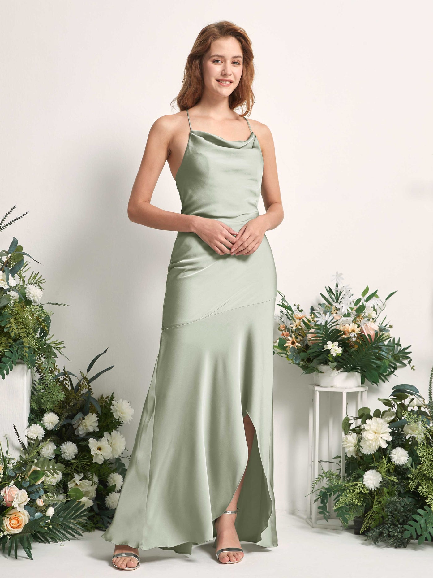Sage Green Bridesmaid Dresses Bridesmaid Dress Mermaid/Trumpet Satin Spaghetti-straps High Low Sleeveless Wedding Party Dress (80226112)#color_sage-green