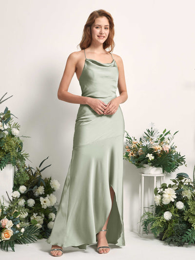 Carlyna Florence Mermaid Sage Green Satin Bridesmaid Dress Maxi Sleeveless Cowl Neck Dress Side View 2 #color_sage-green