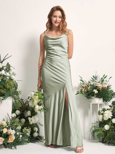 Carlyna Miranda Mermaid Sage Green Satin Bridesmaid Dress Maxi Sleeveless Cowl Neck Dress Front View #color_sage-green