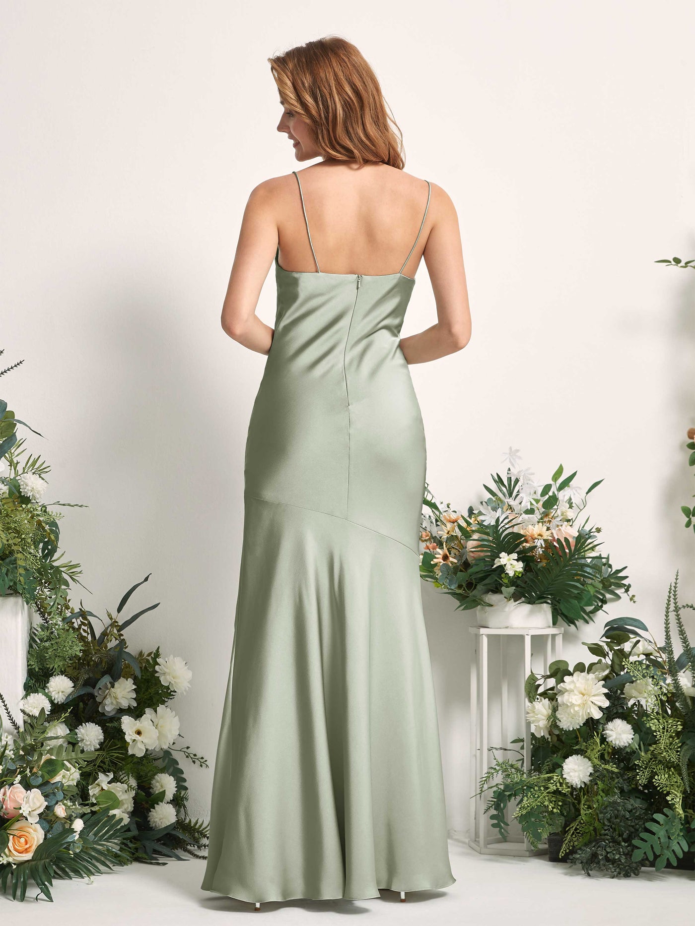 Sage Green Bridesmaid Dresses Bridesmaid Dress Mermaid/Trumpet Satin Spaghetti-straps Full Length Sleeveless Wedding Party Dress (80225612)#color_sage-green