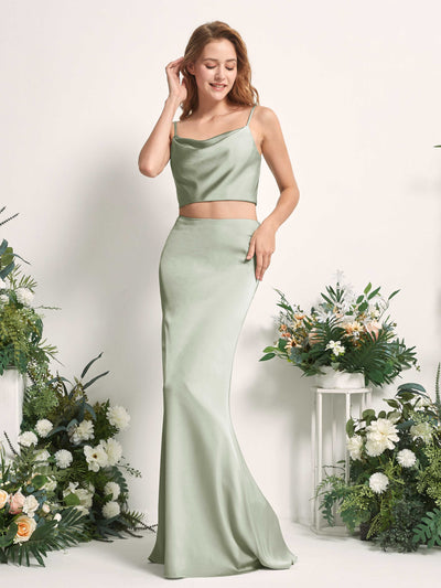 Carlyna Felicity Two-Piece Sage Green Satin Bridesmaid Dress Maxi Sleeveless Cowl Neck Dress Front View #color_sage-green