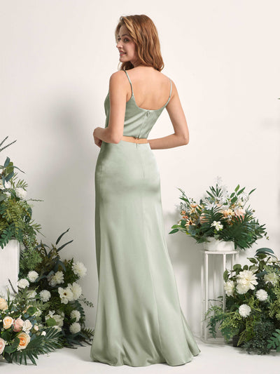 Carlyna Felicity Two-Piece Sage Green Satin Bridesmaid Dress Maxi Sleeveless Cowl Neck Dress Back View #color_sage-green