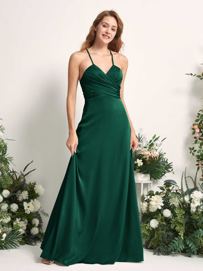 Carlyna Allison A-Line Hunter Green Satin Bridesmaid Dress Maxi Sleeveless V-Neck Dress Side View 2 #color_hunter-green