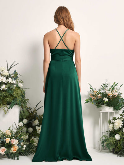 Carlyna Allison A-Line Hunter Green Satin Bridesmaid Dress Maxi Sleeveless V-Neck Dress Back View #color_hunter-green