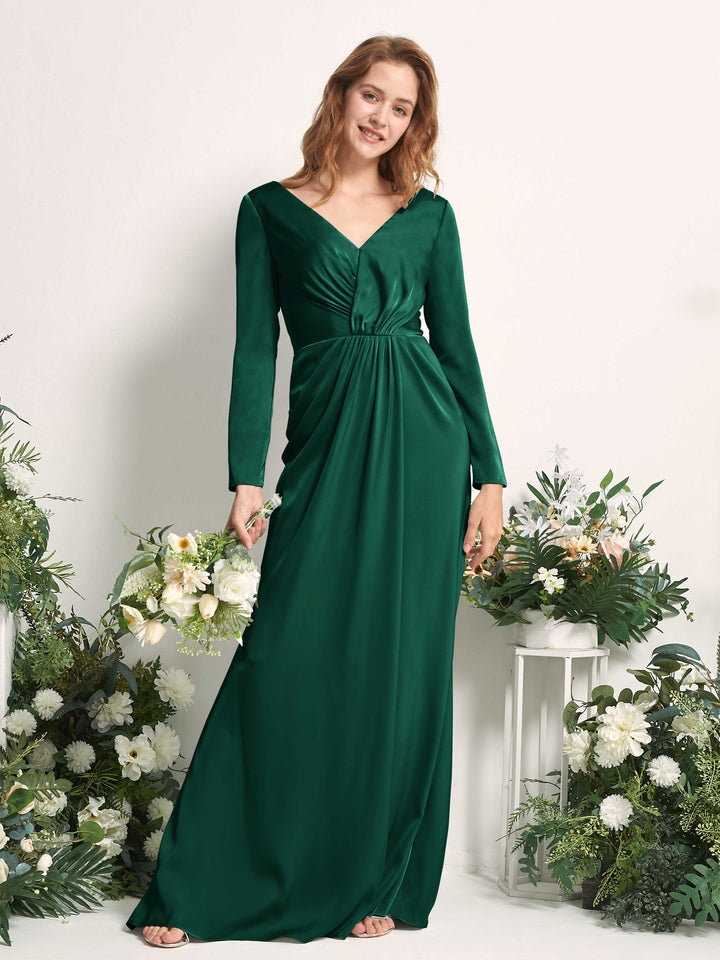 Hunter Green Bridesmaid Dresses Bridesmaid Dress A-line Satin V-neck Full Length Long Sleeves Wedding Party Dress (80225829)