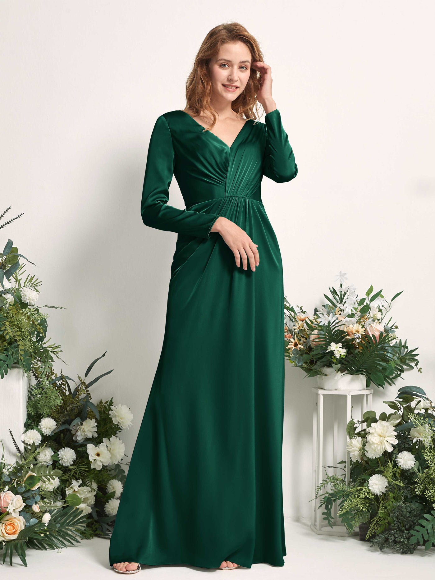 Hunter Green Bridesmaid Dresses Bridesmaid Dress A-line Satin V-neck Full Length Long Sleeves Wedding Party Dress (80225829)#color_hunter-green