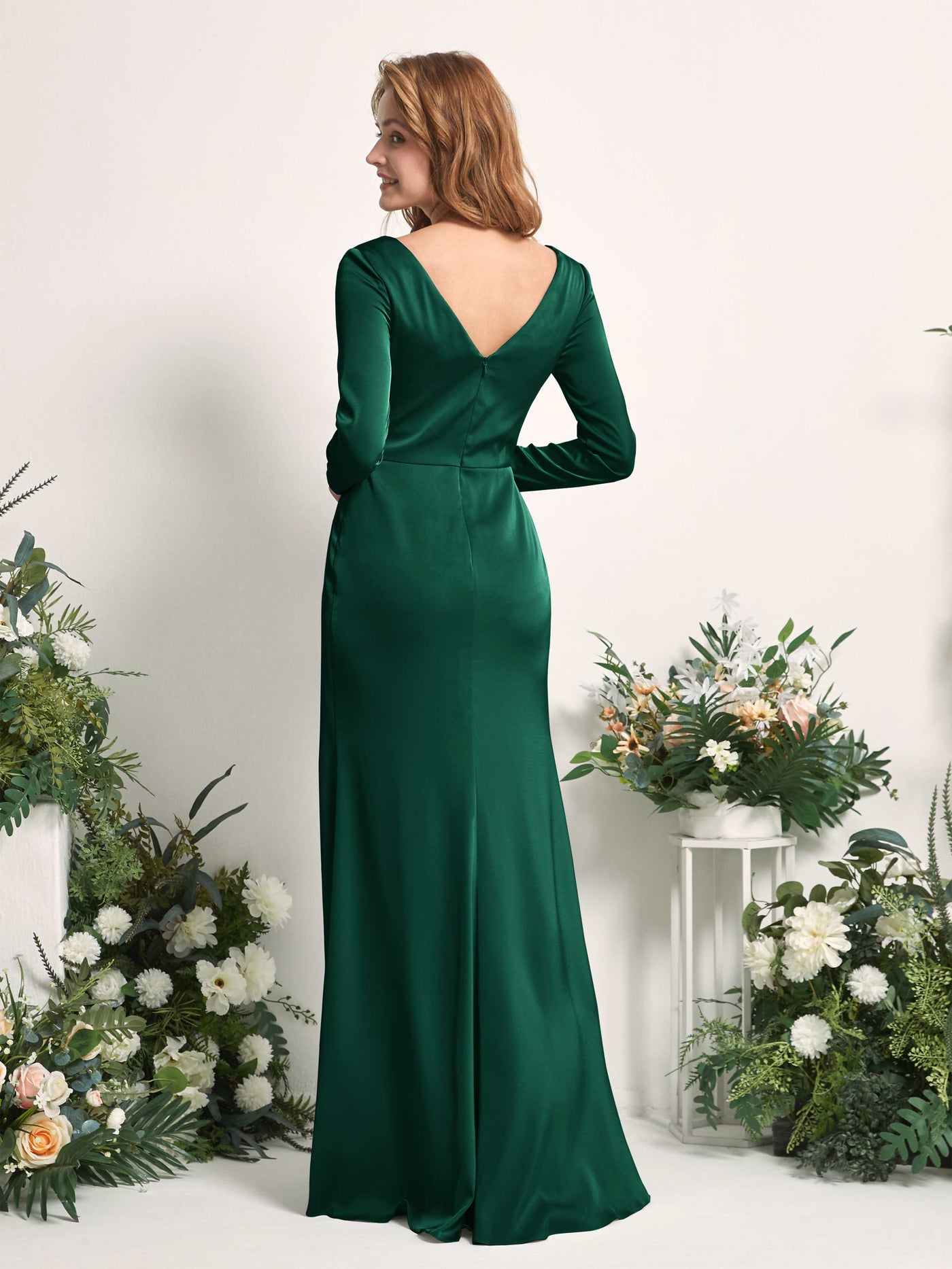 Hunter Green Bridesmaid Dresses Bridesmaid Dress A-line Satin V-neck Full Length Long Sleeves Wedding Party Dress (80225829)#color_hunter-green