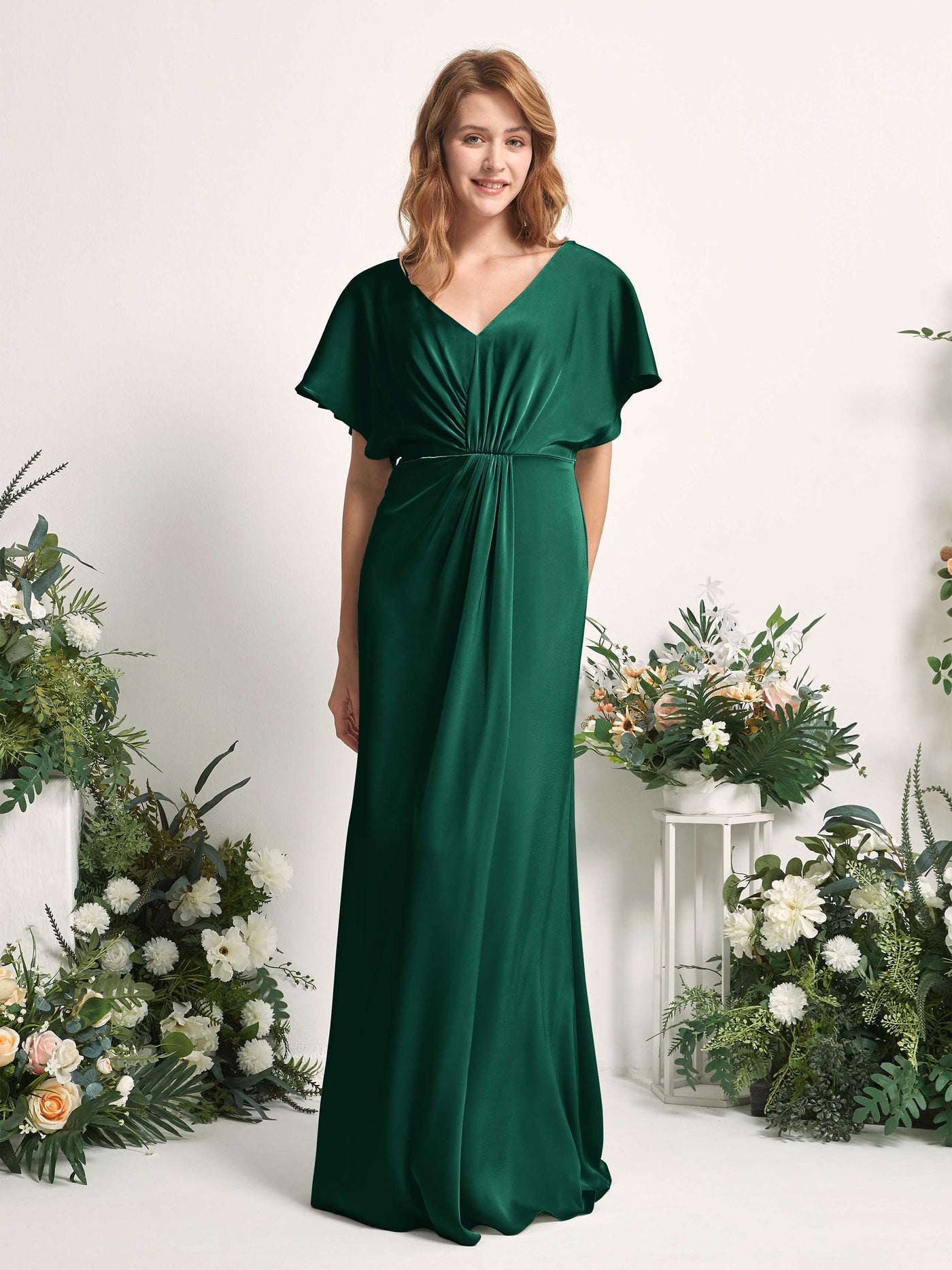 Hunter Green Bridesmaid Dresses Bridesmaid Dress A-line Satin V-neck Full Length Short Sleeves Wedding Party Dress (80225529)#color_hunter-green