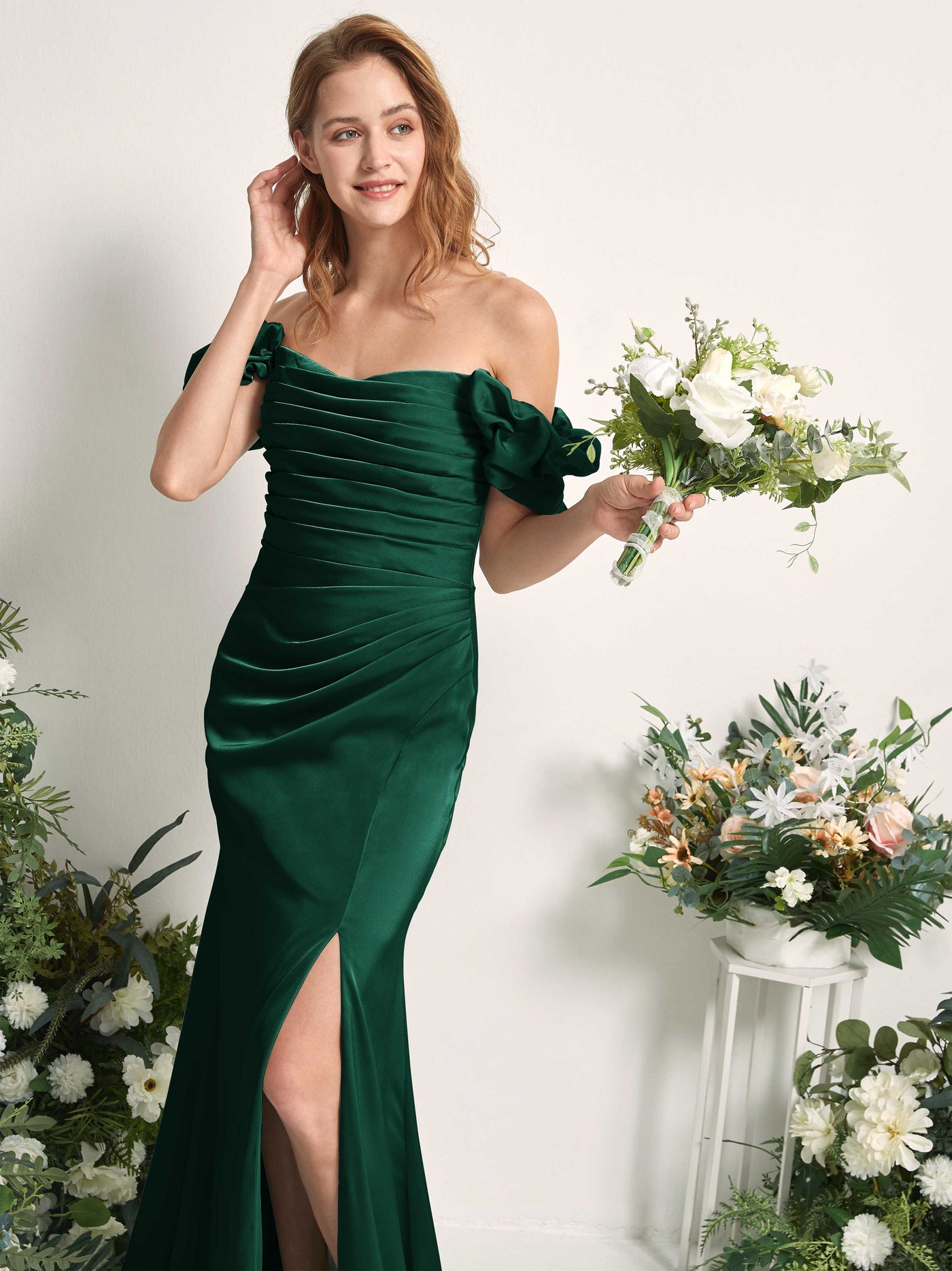 Hunter Green Bridesmaid Dresses Bridesmaid Dress A-line Satin Off Shoulder Full Length Short Sleeves Wedding Party Dress (80226429)#color_hunter-green