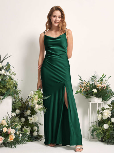 Carlyna Miranda Mermaid Hunter Green Satin Bridesmaid Dress Maxi Sleeveless Cowl Neck Dress Front View #color_hunter-green