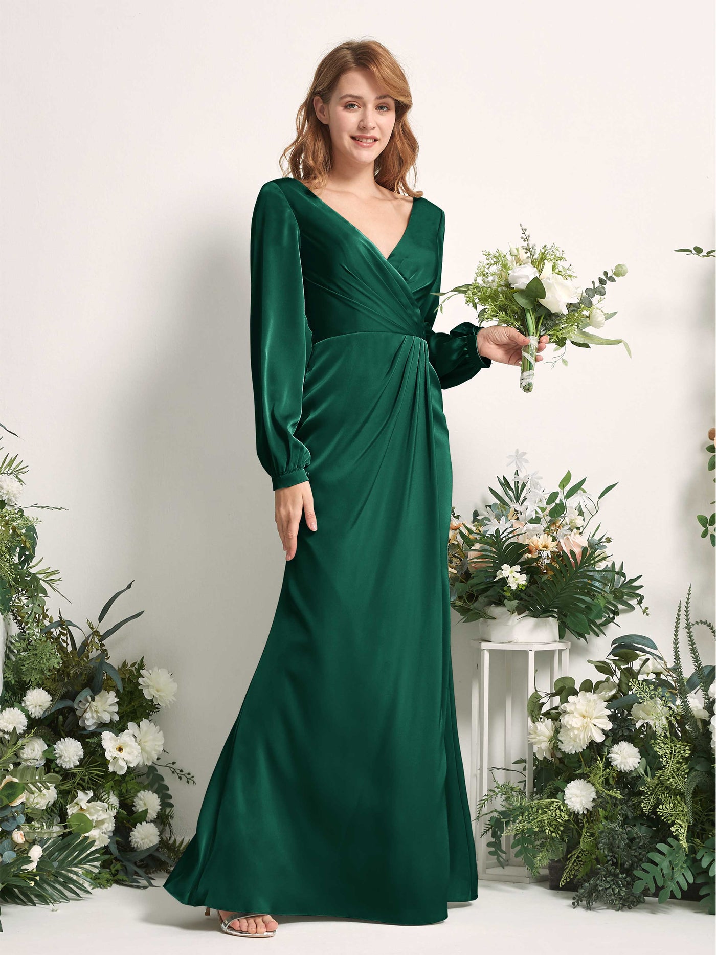 Hunter Green Bridesmaid Dresses Bridesmaid Dress Ball Gown Satin V-neck Full Length Long Sleeves Wedding Party Dress (80225129)#color_hunter-green