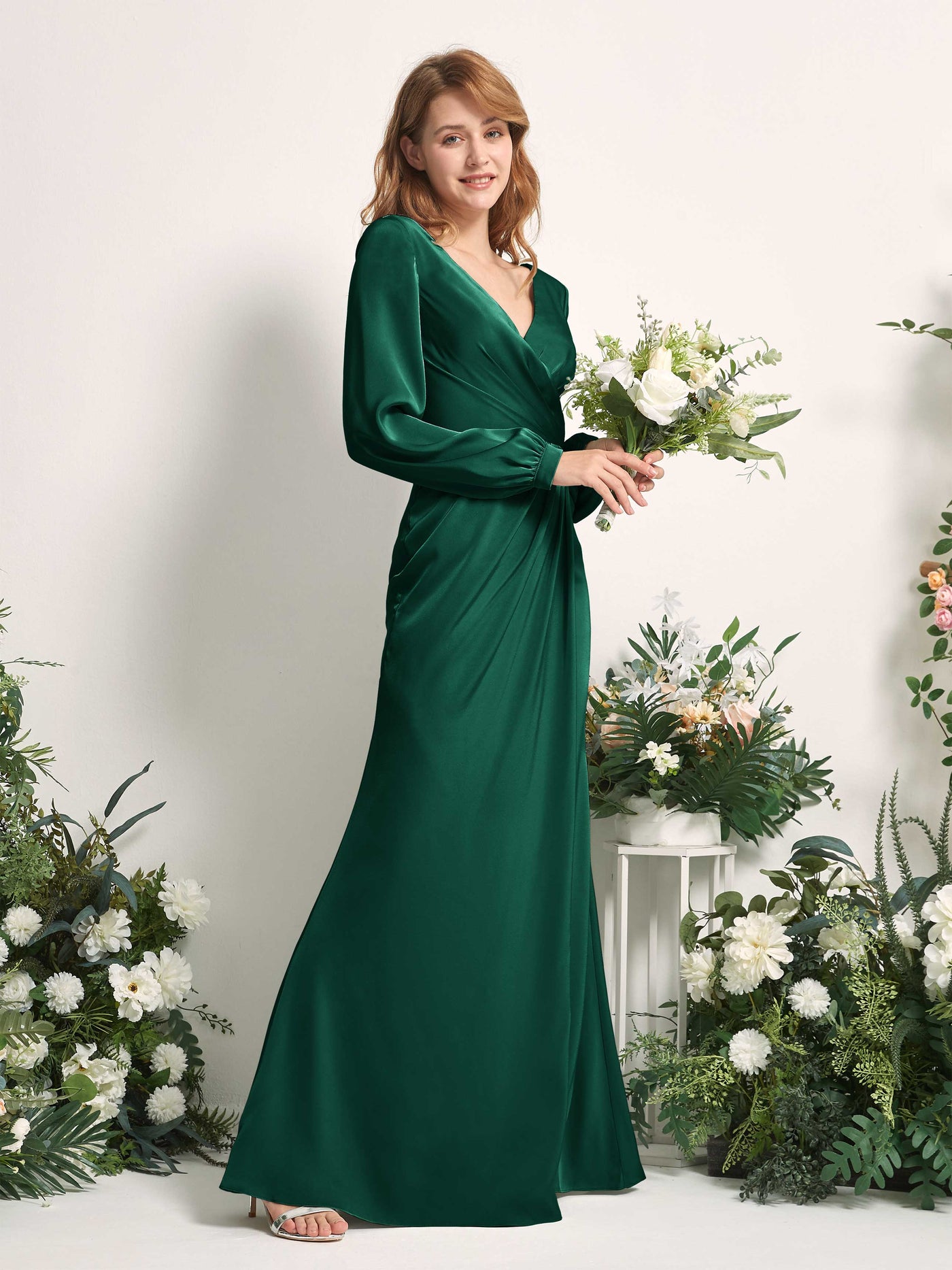 Hunter Green Bridesmaid Dresses Bridesmaid Dress Ball Gown Satin V-neck Full Length Long Sleeves Wedding Party Dress (80225129)#color_hunter-green