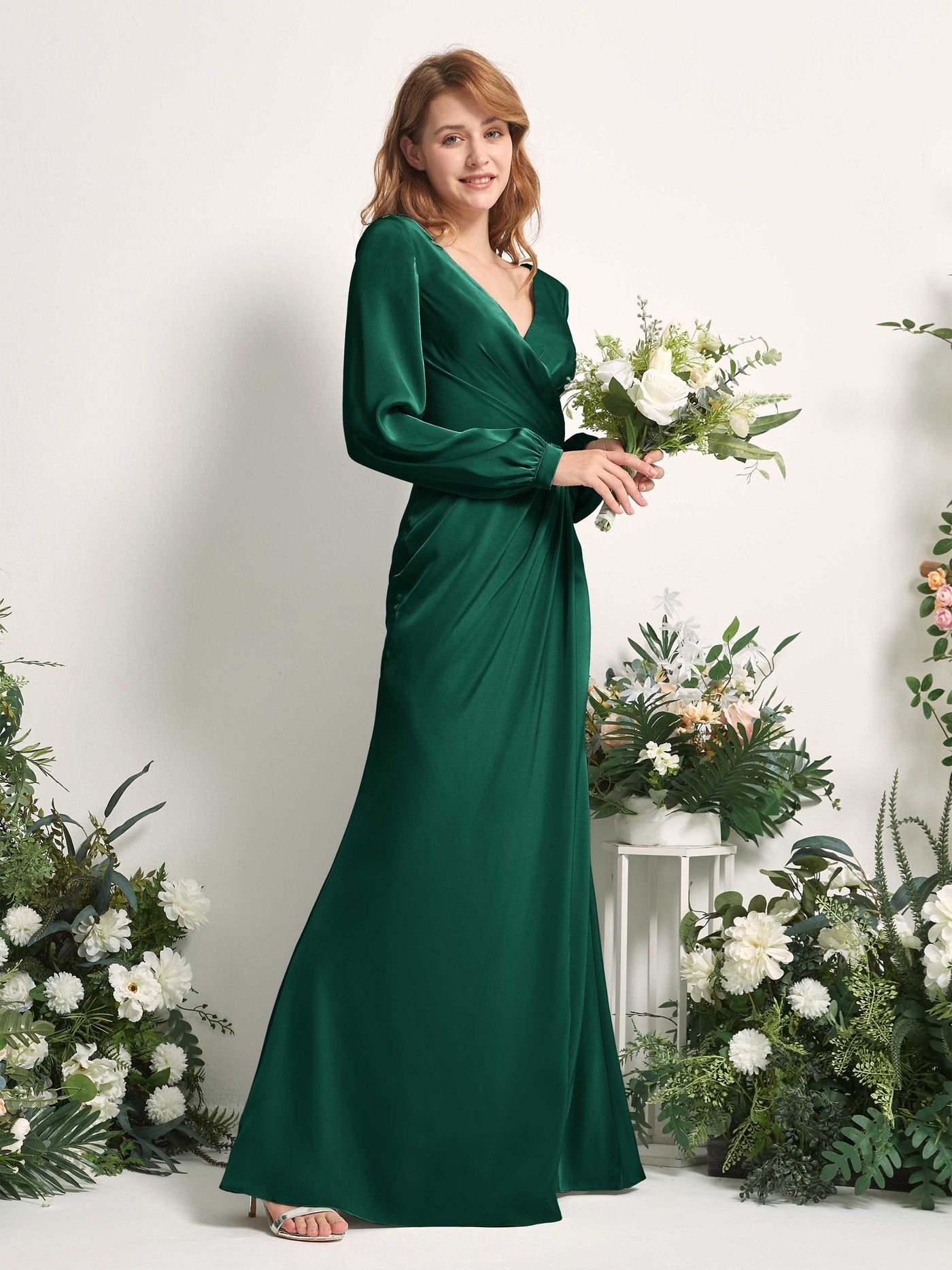 emerald green bridesmaid dresses with sleeves V-neck Satin Mermaid Long Sleeve Dress Slit BD2102 Pic Color AW.Bridal A-line Sweetheart Neckline Floor