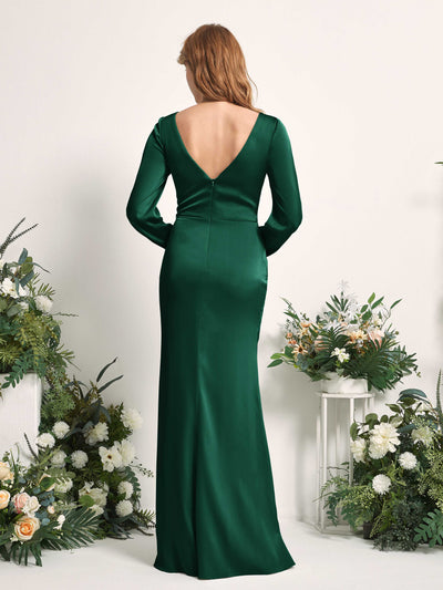 Carlyna Taylor Mermaid Hunter Green Satin Bridesmaid Dress Maxi Long Sleeve V-Neck Back View #color_hunter-green