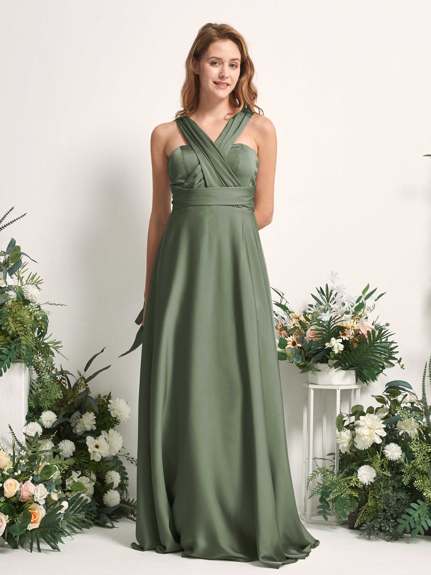 Green Olive Bridesmaid Dresses Bridesmaid Dress A-line Satin Halter Full Length Short Sleeves Wedding Party Dress (81226470)#color_green-olive