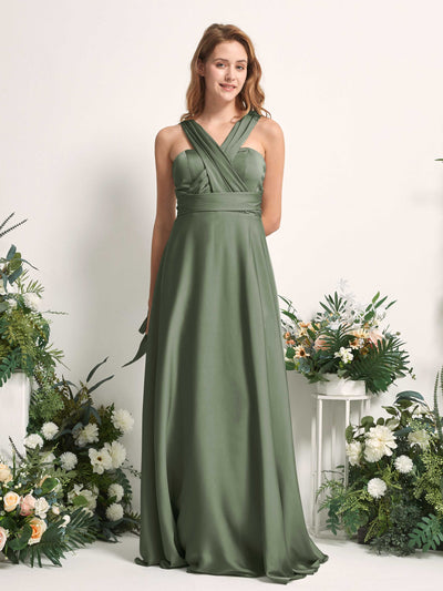 Carlyna Mirabelle Convertible Green Olive Satin Bridesmaid Dress Maxi Sleeveless Sweetheart Dress Front View #color_green-olive