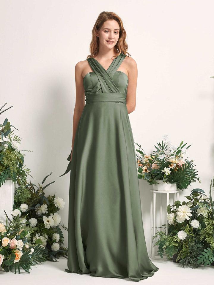 Green Olive Bridesmaid Dresses Bridesmaid Dress A-line Satin Halter Full Length Short Sleeves Wedding Party Dress (81226470)