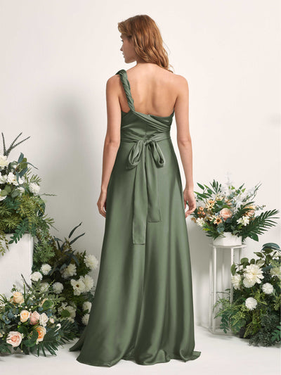 Carlyna Mirabelle Convertible Green Olive Satin Bridesmaid Dress Maxi Sleeveless Sweetheart Dress Back View #color_green-olive