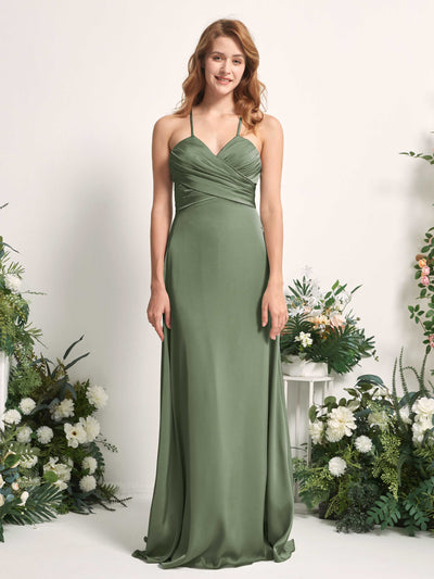 Carlyna Allison A-Line Green Olive Satin Bridesmaid Dress Maxi Sleeveless V-Neck Dress Front View #color_green-olive