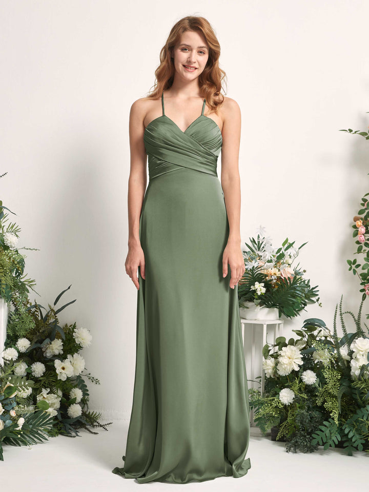 Green Olive Bridesmaid Dresses Bridesmaid Dress A-line Satin Spaghetti-straps Full Length Sleeveless Wedding Party Dress (80225770)