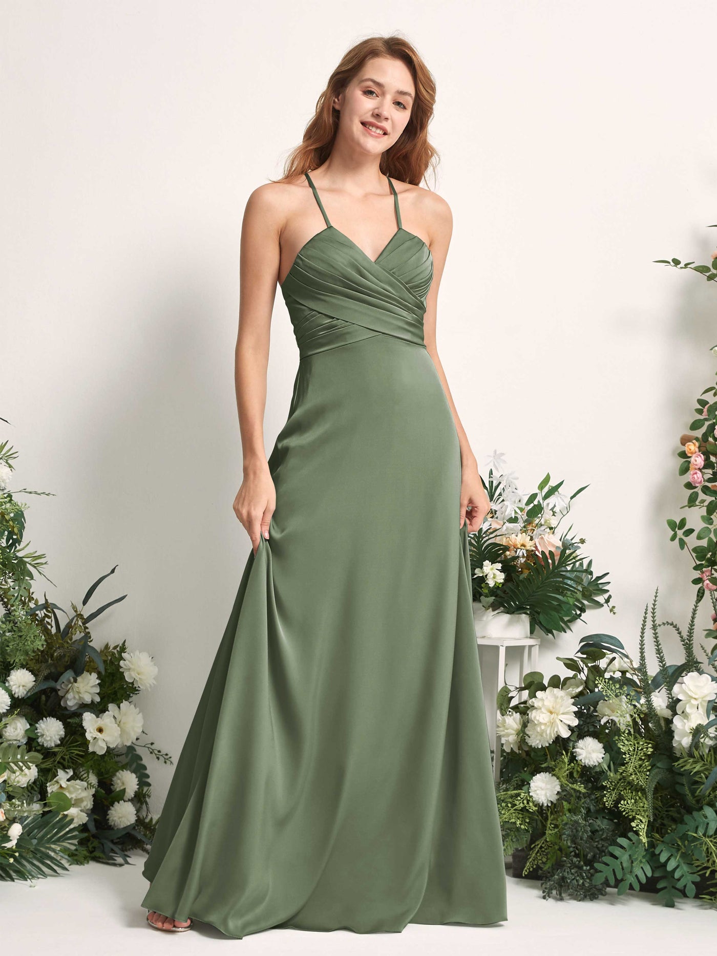 Green Olive Bridesmaid Dresses Bridesmaid Dress A-line Satin Spaghetti-straps Full Length Sleeveless Wedding Party Dress (80225770)#color_green-olive