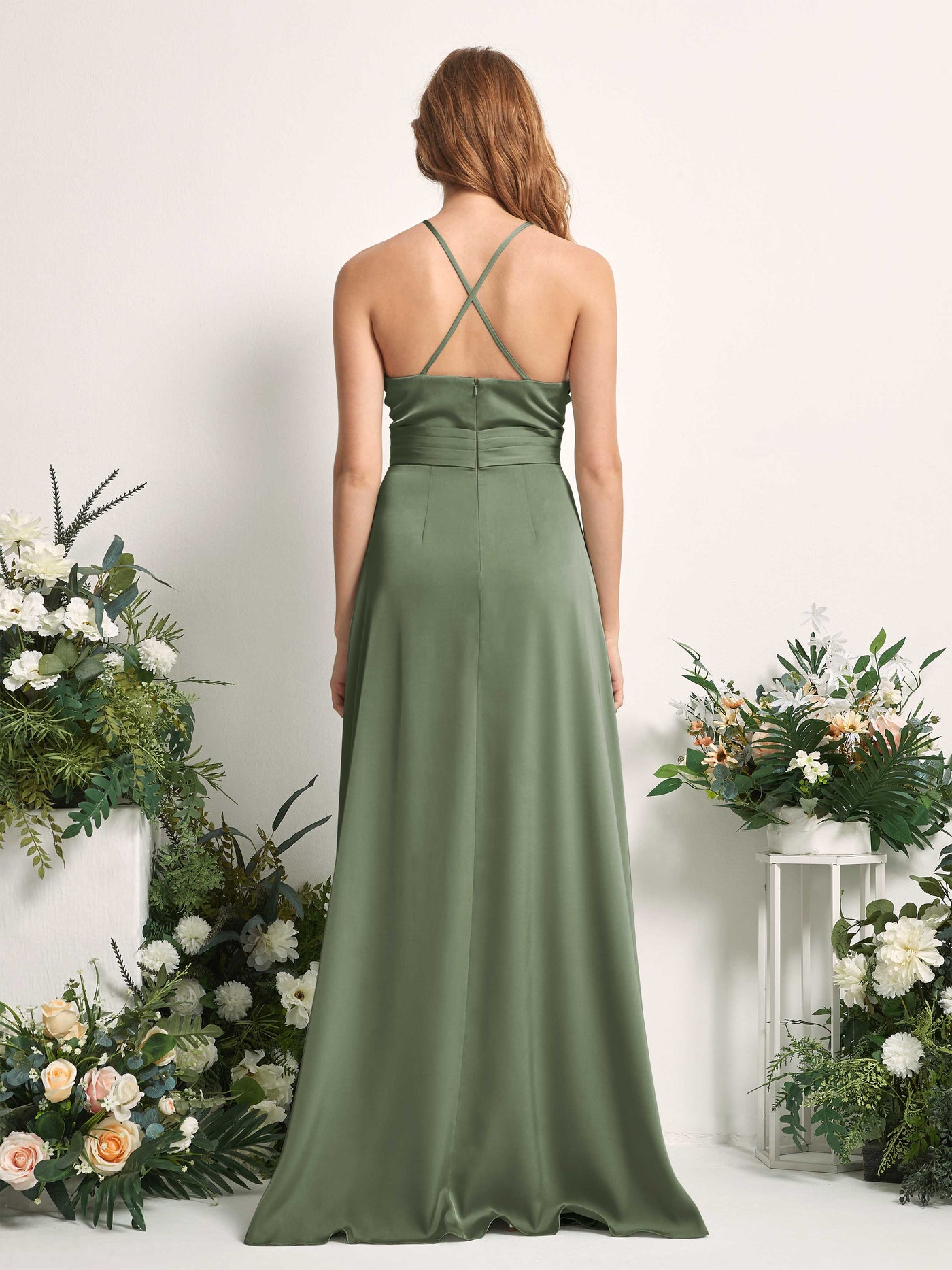Green Olive Bridesmaid Dresses Bridesmaid Dress A-line Satin Spaghetti-straps Full Length Sleeveless Wedding Party Dress (80225770)#color_green-olive