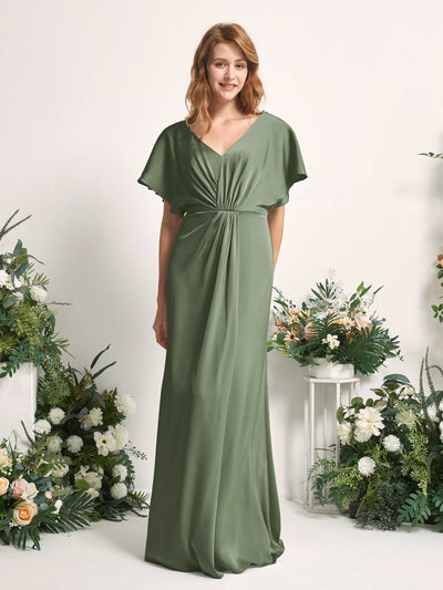 Carlyna Bailey A-Line Green Olive Satin Bridesmaid Dress Maxi Cap Sleeve V-Neck Dress Front View #color_green-olive
