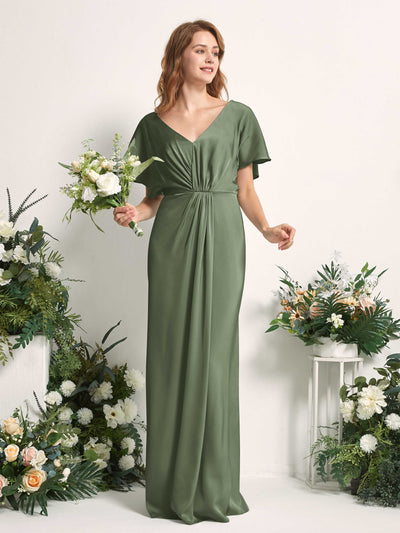 Carlyna Bailey A-Line Green Olive Satin Bridesmaid Dress Maxi Cap Sleeve V-Neck Dress Side View 2 #color_green-olive