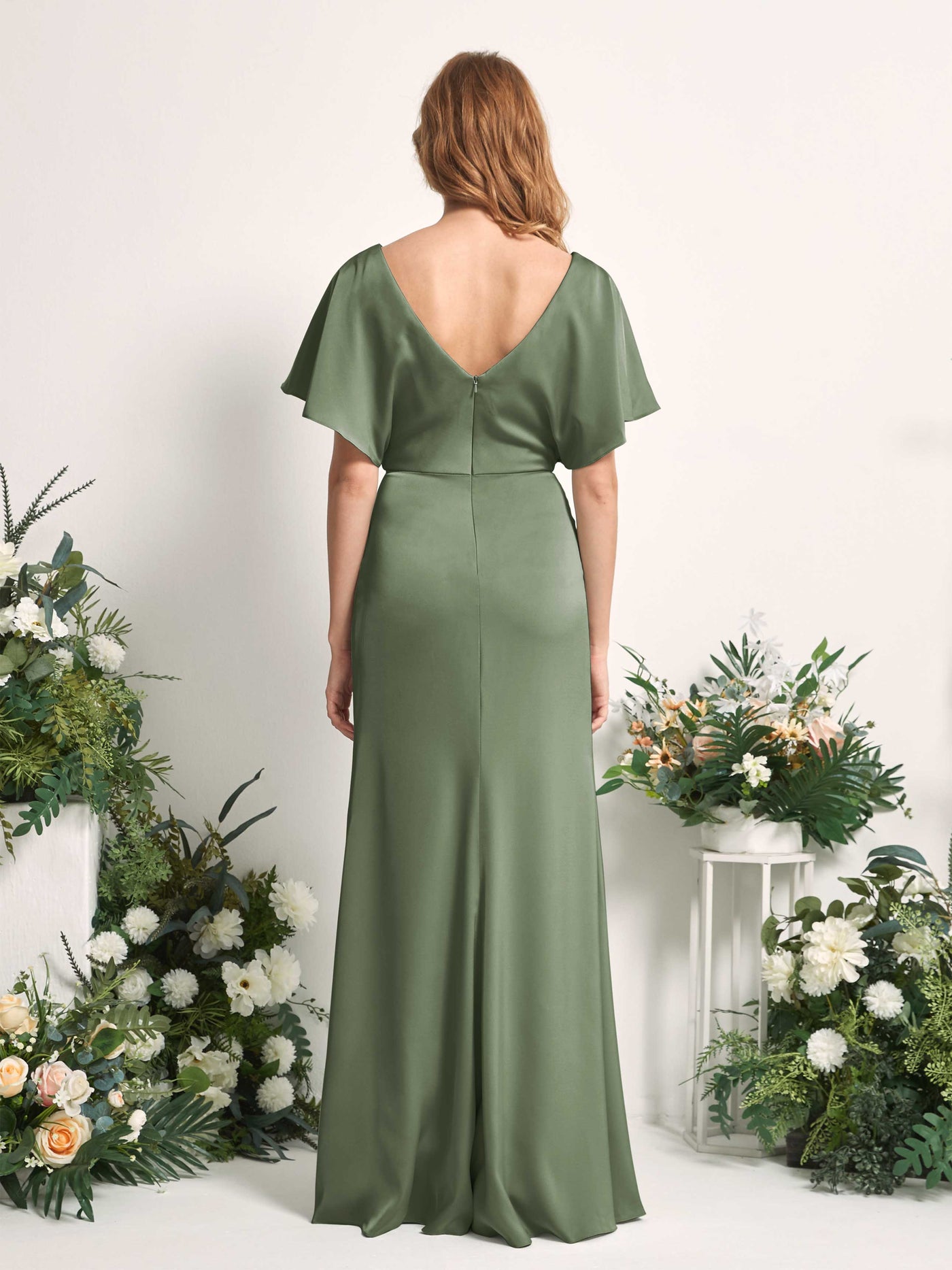 Green Olive Bridesmaid Dresses Bridesmaid Dress A-line Satin V-neck Full Length Short Sleeves Wedding Party Dress (80225570)#color_green-olive