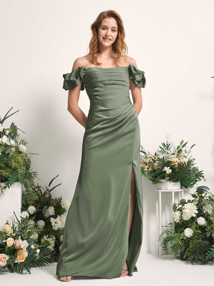 Green Olive Bridesmaid Dresses Bridesmaid Dress A-line Satin Off Shoulder Full Length Short Sleeves Wedding Party Dress (80226470)