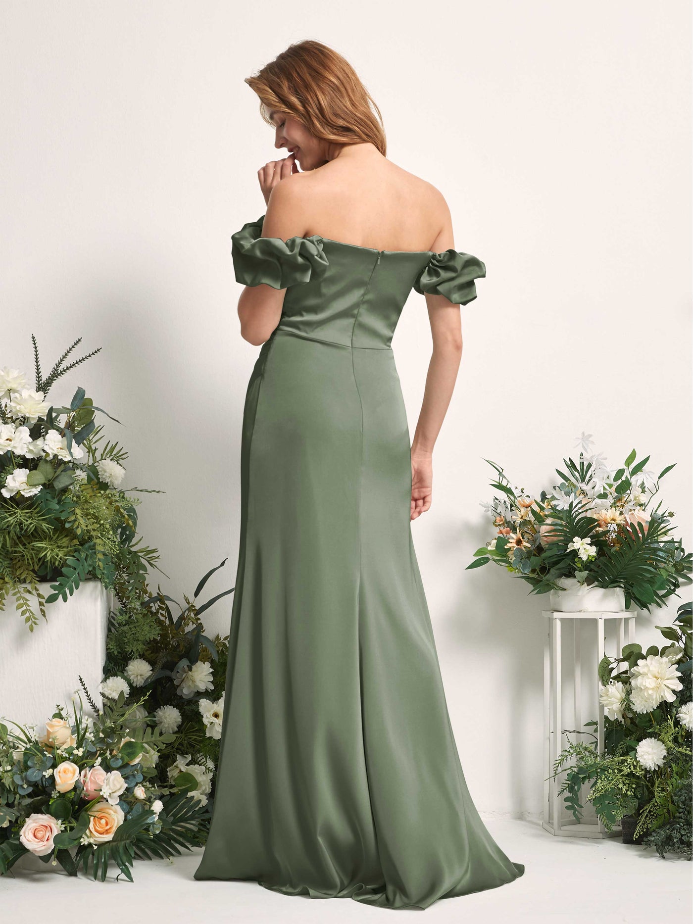 Green Olive Bridesmaid Dresses Bridesmaid Dress A-line Satin Off Shoulder Full Length Short Sleeves Wedding Party Dress (80226470)#color_green-olive
