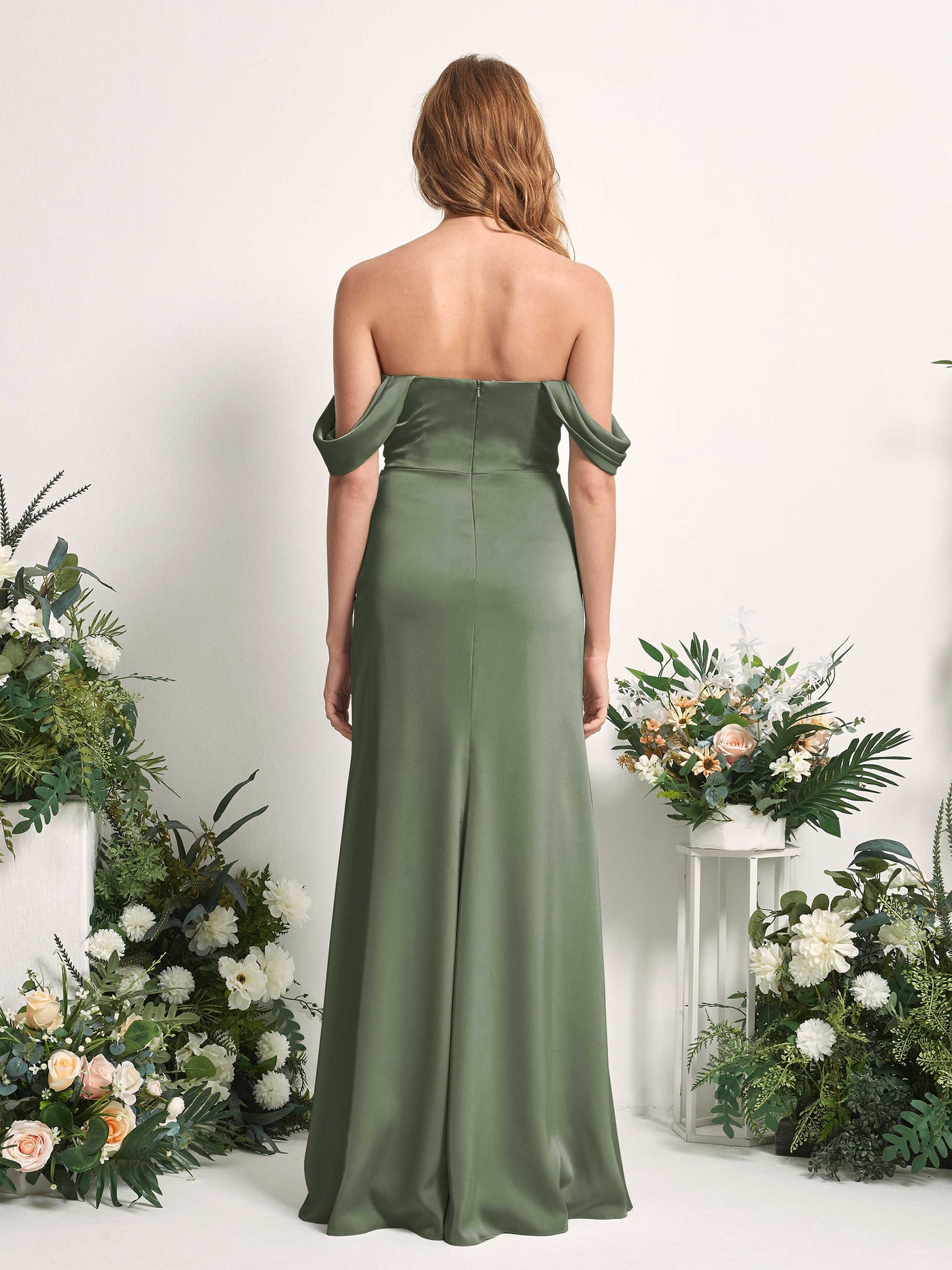Green Olive Bridesmaid Dresses Bridesmaid Dress A-line Satin Off Shoulder Full Length Sleeveless Wedding Party Dress (80225270)#color_green-olive