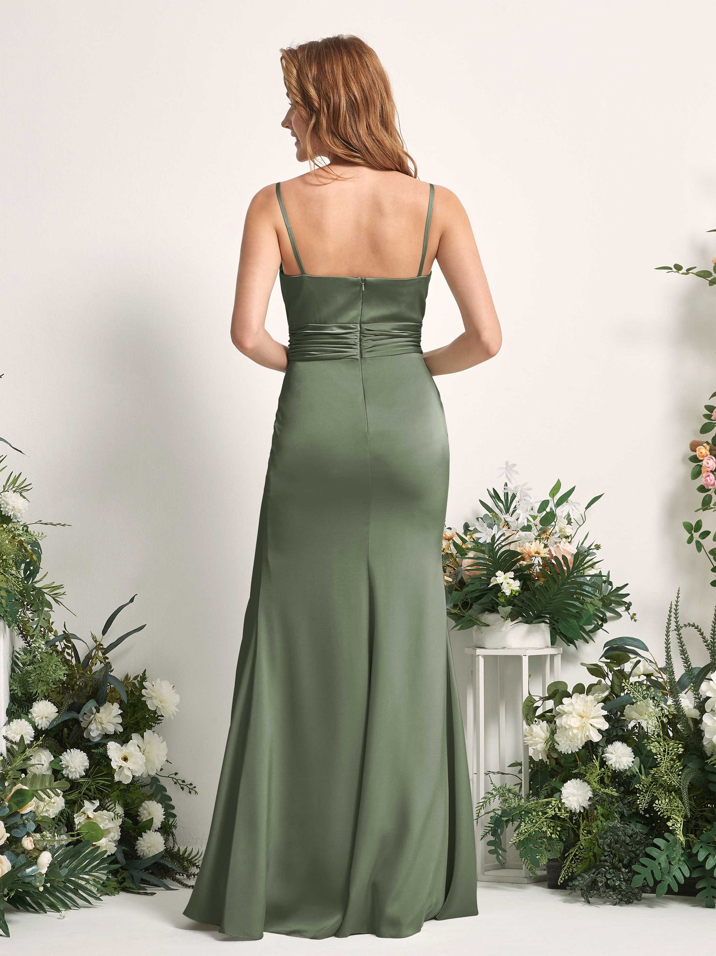 Green Olive Bridesmaid Dresses Bridesmaid Dress Mermaid/Trumpet Satin Spaghetti-straps Full Length Sleeveless Wedding Party Dress (80226370)#color_green-olive