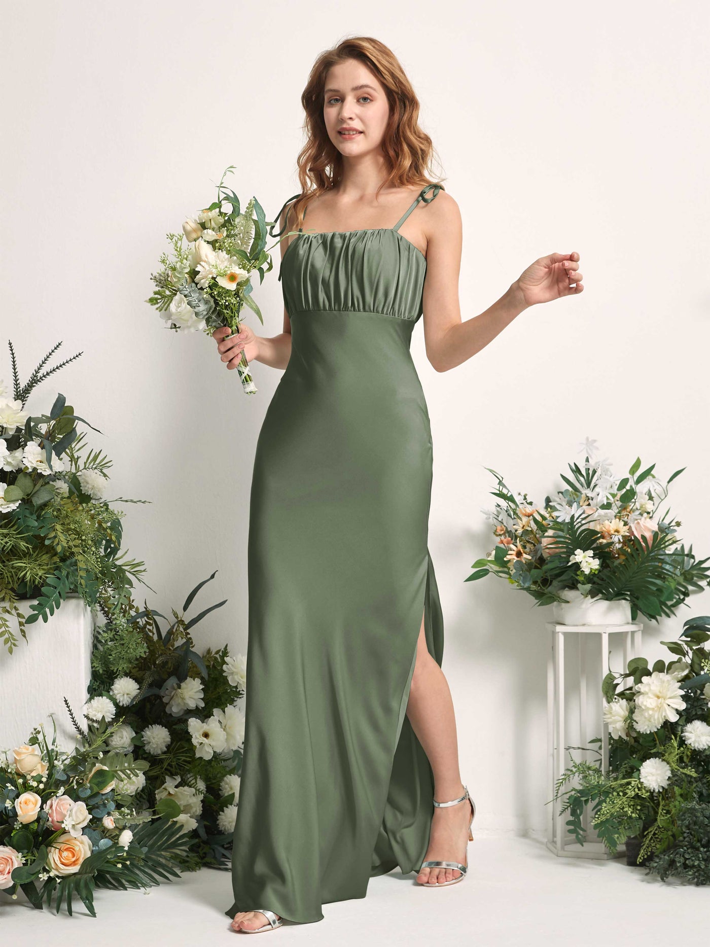 Green Olive Bridesmaid Dresses Bridesmaid Dress Mermaid/Trumpet Satin Spaghetti-straps Full Length Sleeveless Wedding Party Dress (80225470)#color_green-olive
