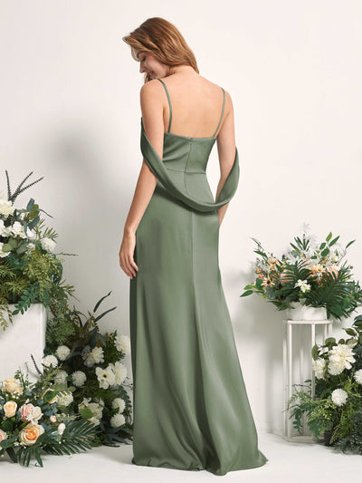 Carlyna Freya Mermaid Green Olive Satin Bridesmaid Dress Maxi Sleeveless V-Neck Dress Back View #color_green-olive