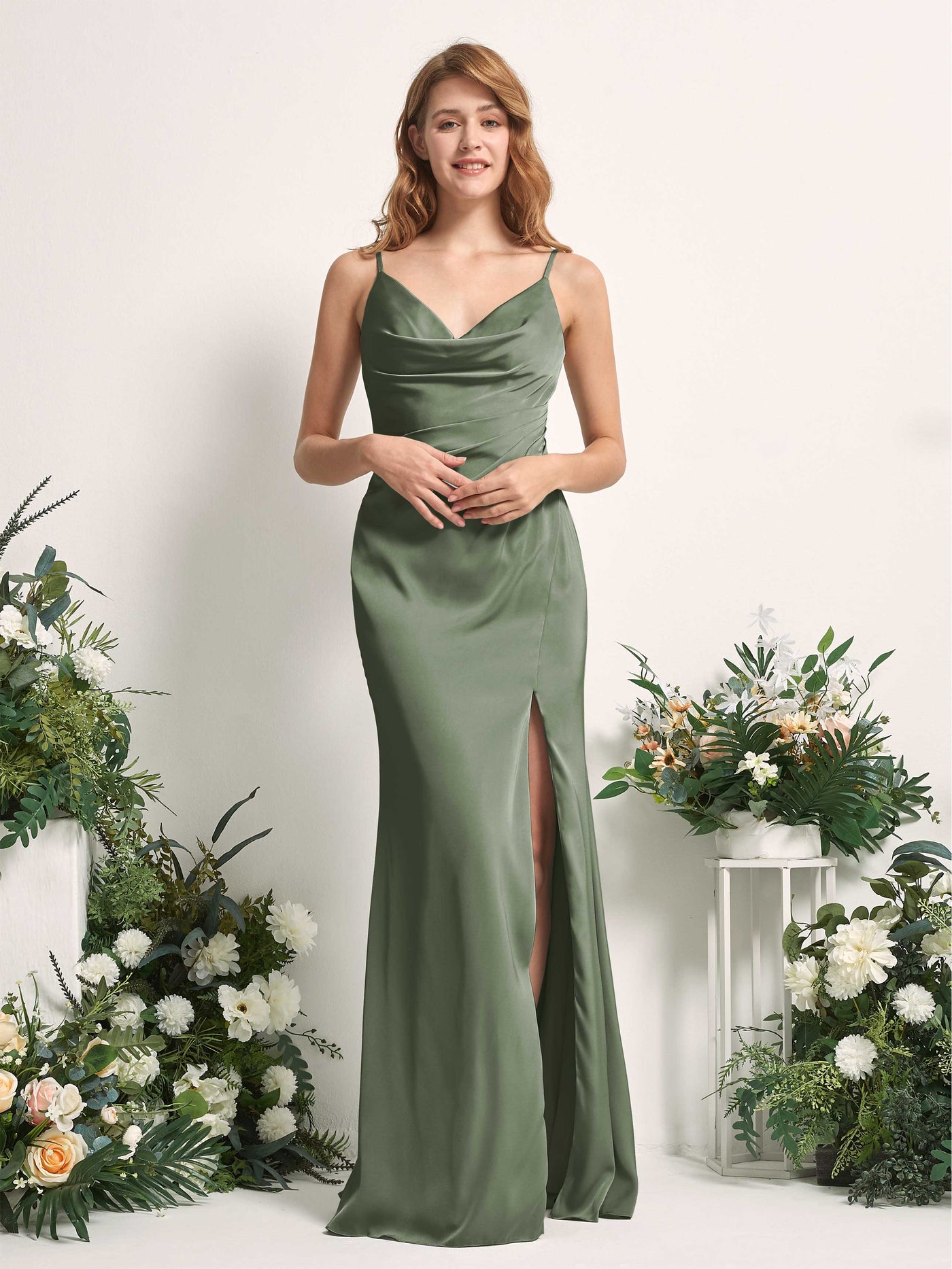 Green Olive Bridesmaid Dresses Bridesmaid Dress Mermaid/Trumpet Satin Spaghetti-straps Full Length Sleeveless Wedding Party Dress (80225970)#color_green-olive