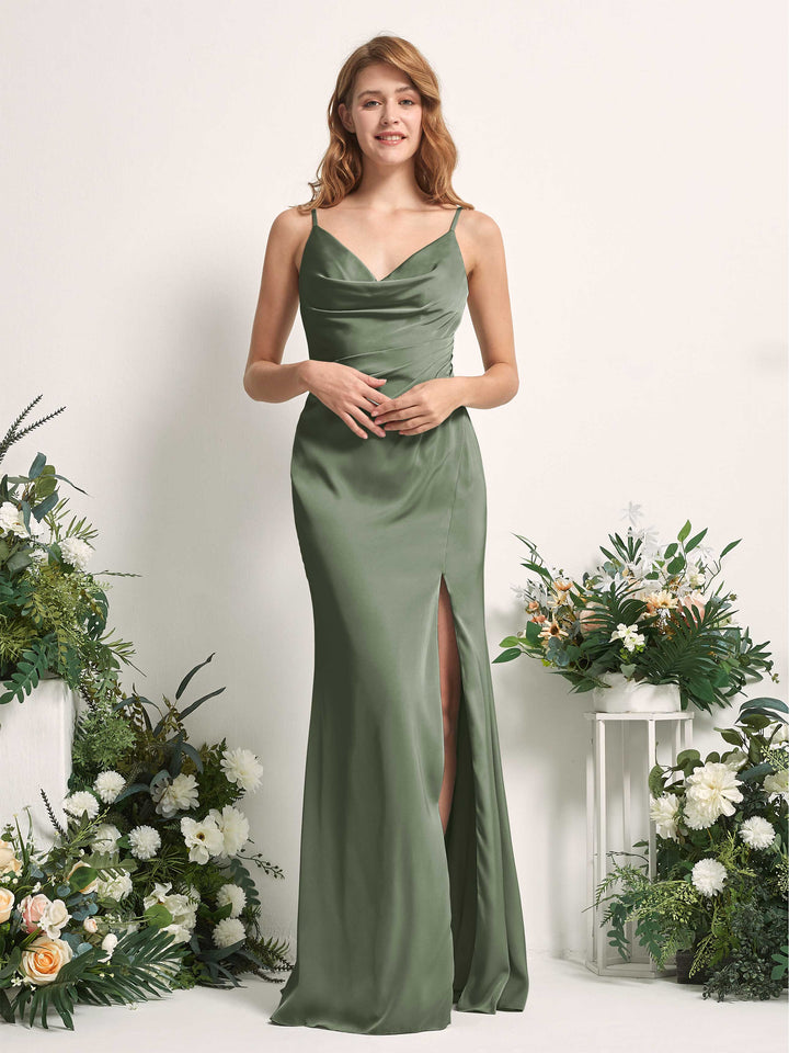 Green Olive Bridesmaid Dresses Bridesmaid Dress Mermaid/Trumpet Satin Spaghetti-straps Full Length Sleeveless Wedding Party Dress (80225970)