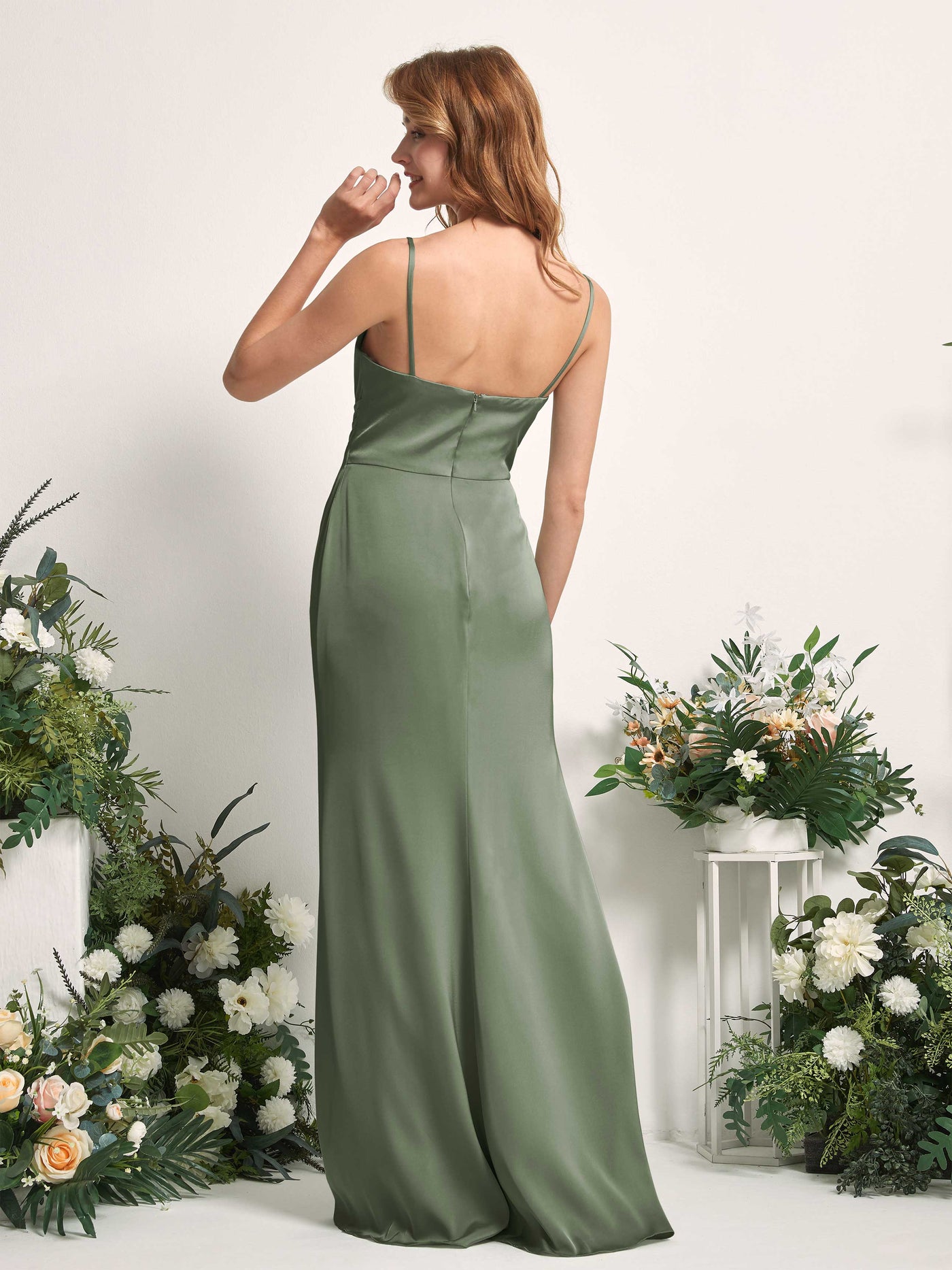 Green Olive Bridesmaid Dresses Bridesmaid Dress Mermaid/Trumpet Satin Spaghetti-straps Full Length Sleeveless Wedding Party Dress (80225970)#color_green-olive