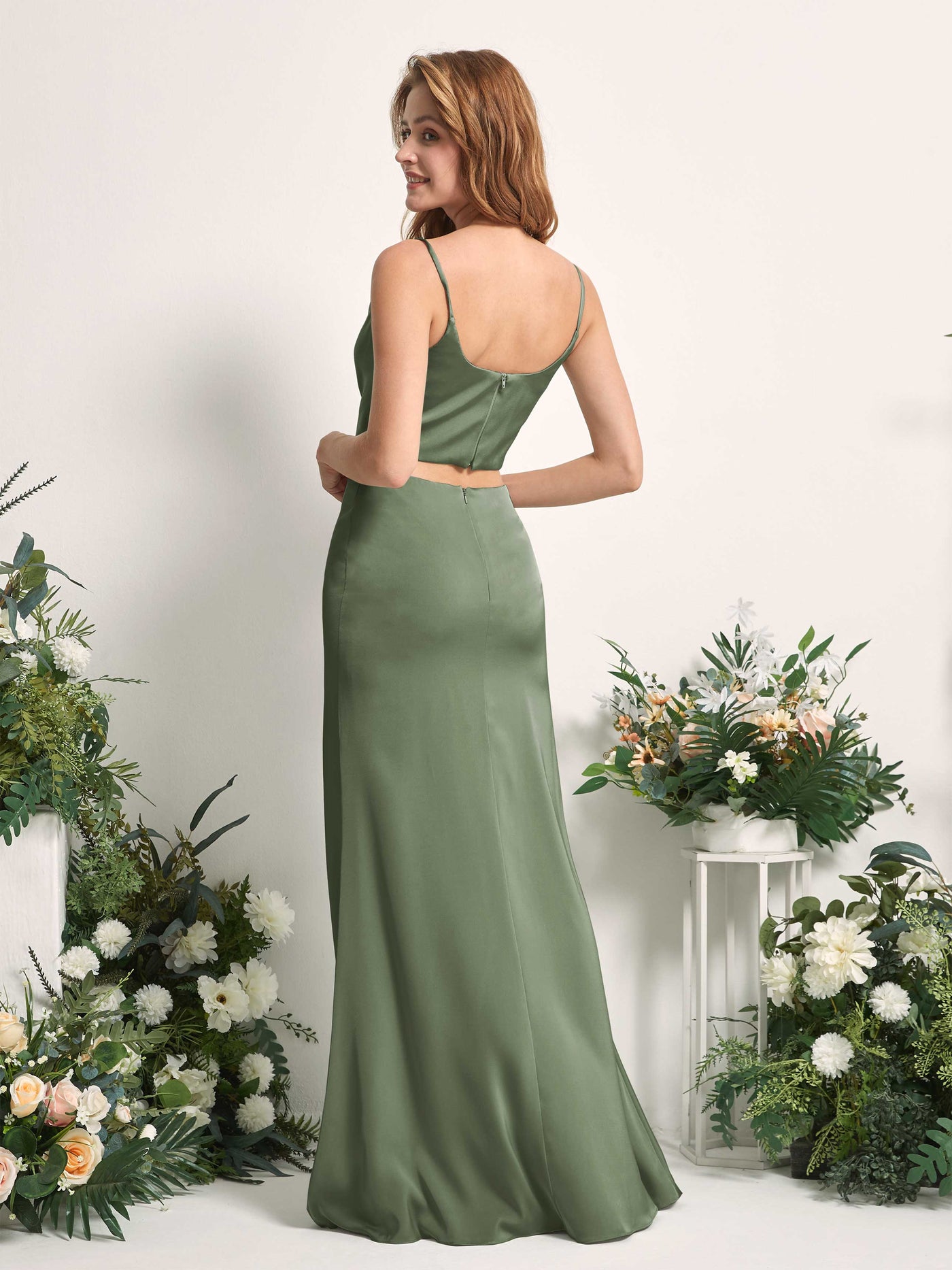 Green Olive Bridesmaid Dresses Bridesmaid Dress Mermaid/Trumpet Satin Spaghetti-straps Full Length Sleeveless Wedding Party Dress (80226270)#color_green-olive