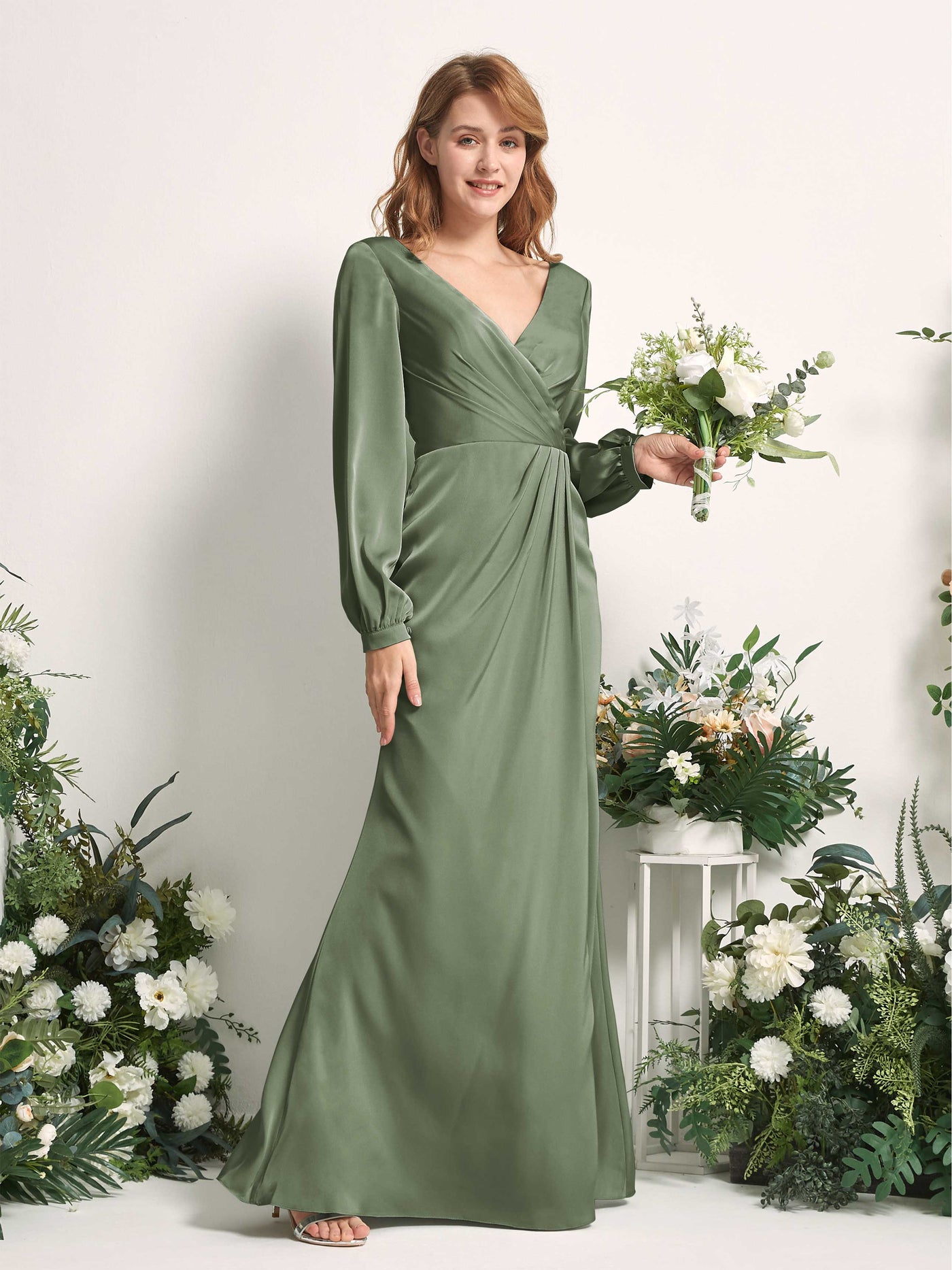 Green Olive Bridesmaid Dresses Bridesmaid Dress Ball Gown Satin V-neck Full Length Long Sleeves Wedding Party Dress (80225170)#color_green-olive
