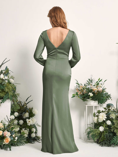 Carlyna Taylor Mermaid Green Olive Satin Bridesmaid Dress Maxi Long Sleeve V-Neck Back View #color_green-olive