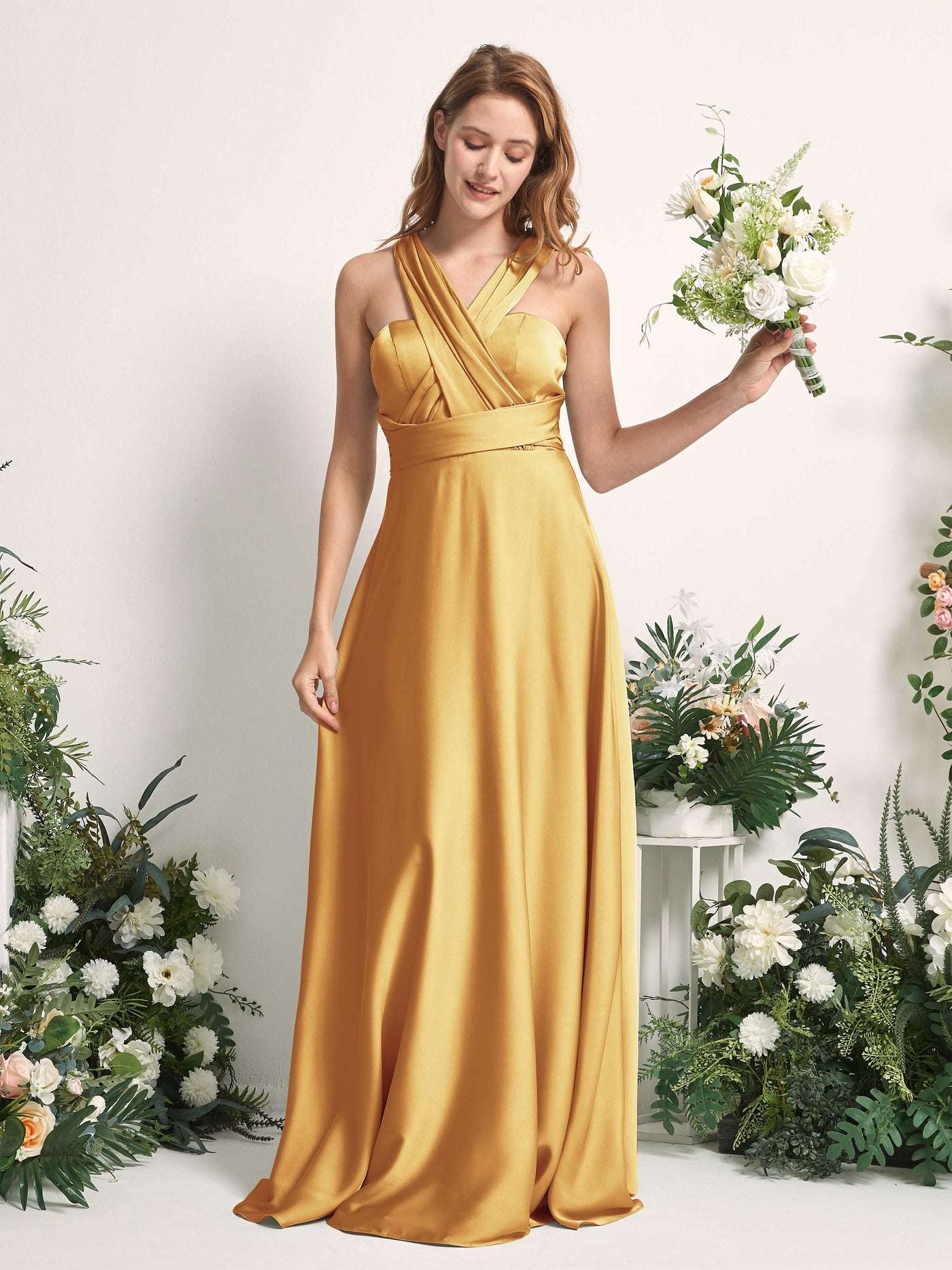 Canary Bridesmaid Dresses Bridesmaid Dress A-line Satin Halter Full Length Short Sleeves Wedding Party Dress (81226431)#color_canary